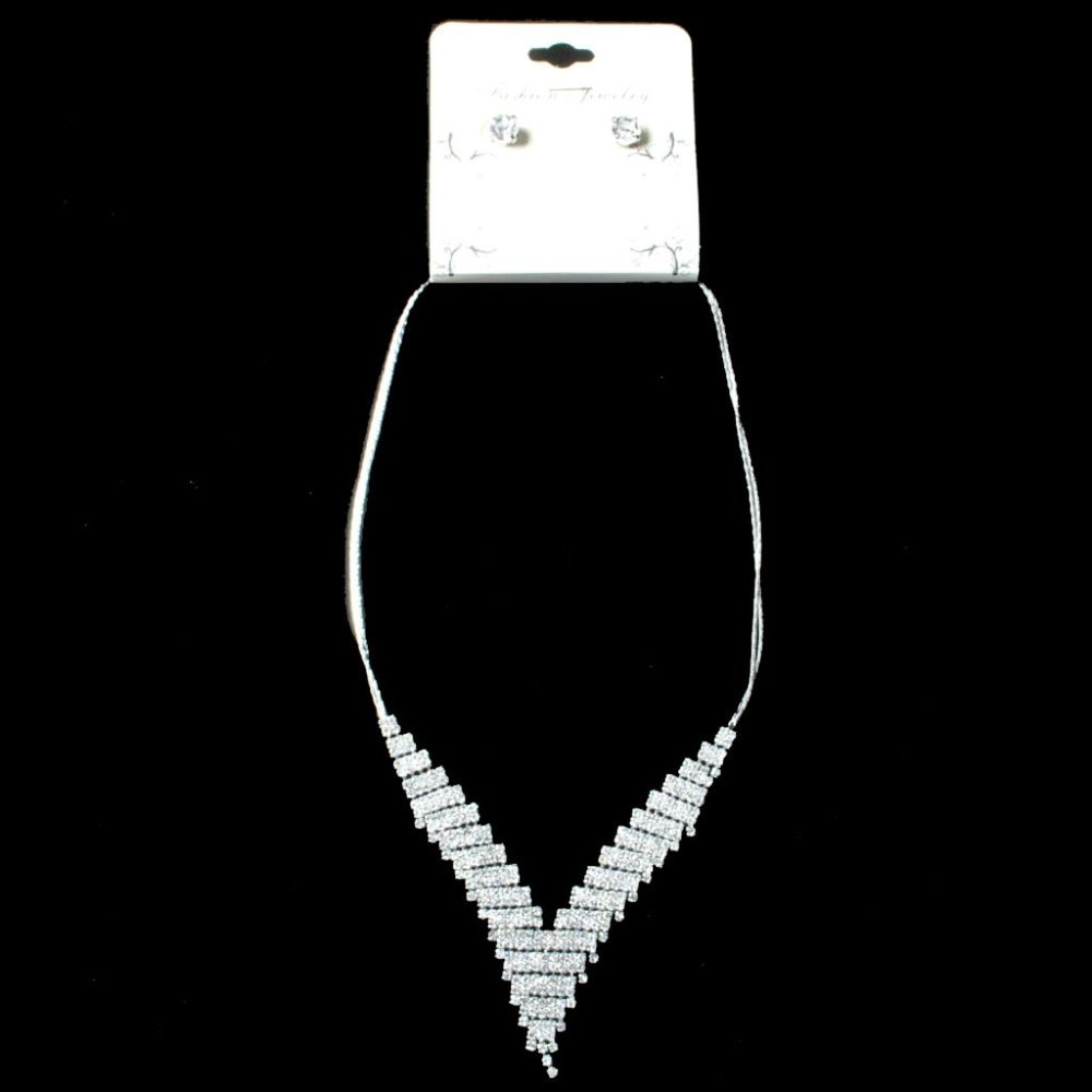 Silver Cocktail Evening Party Homecoming Prom Rhinestone Necklace Earring Set